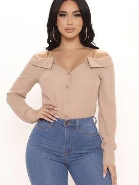 Fashion Nova Chain-Strap Off-Shoulder Blouse in Nude Beige